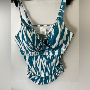 ANNE COLE TEAL & WHITE SIZE LARGE PATTERNED TANKINI PADDED WITH UNDERWIRES. NWOT
